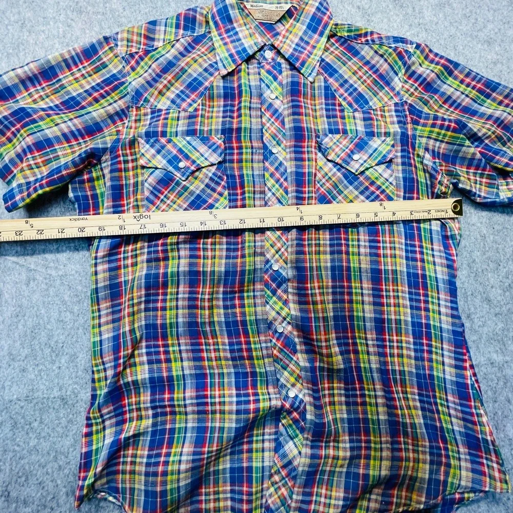 Vintage Sears Western Wear Shirt Men Medium Multi Plaid Pearl Snap Short Sleeve - Picture 5 of 8